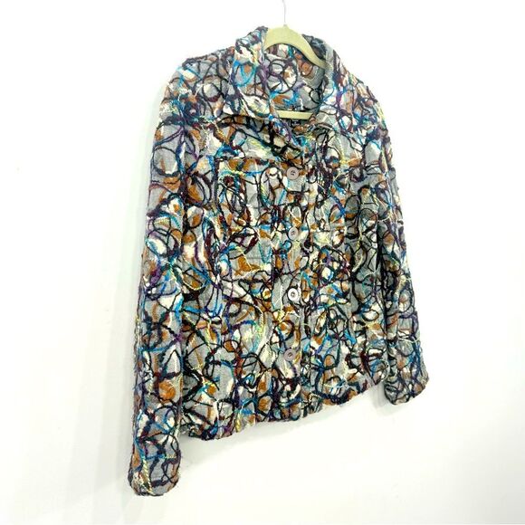KakTus Gray Colorful All Over Yarn Embellished Button Front Blazer Jacket - Picture 4 of 16